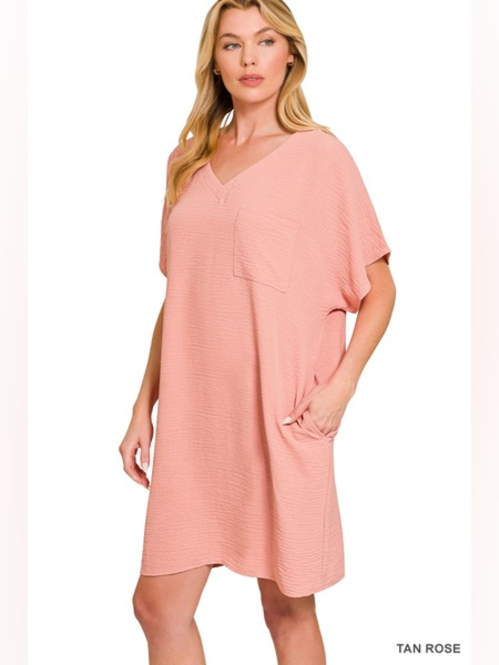 Zenana WOVEN AIRFLOW V NECK T SHIRT DRESS WITH POCKETS